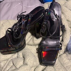 Iridescent Black Strappy Platform Heels